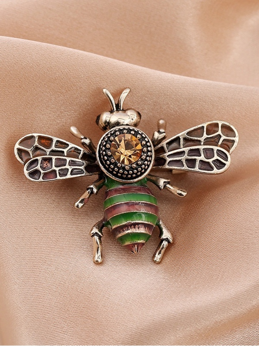 Vintage Style Bee Brooch Green Enamel Crystal Insect Pin Statement Jewelry